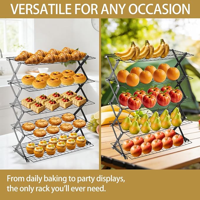 5-Tier Stackable Cooling Rack for Baking, Collapsible Wire Cookie Rack with Adjustable Heights, Non-Stick Roasting & Drying Rack for Cupcakes, Pies and Pastries, Space-Saving Kitchen Essential