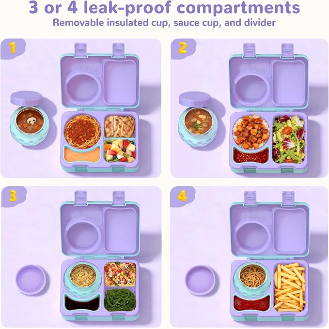 Bento Box for Kids, Leakproof Kids Lunch Box with 8.5OZ Thermo Food Jar & Lunch Bag, 3-4 Compartments Toddler Insulated Lunch Box for Girls, BPA Free Lunch Containers for School Daycare