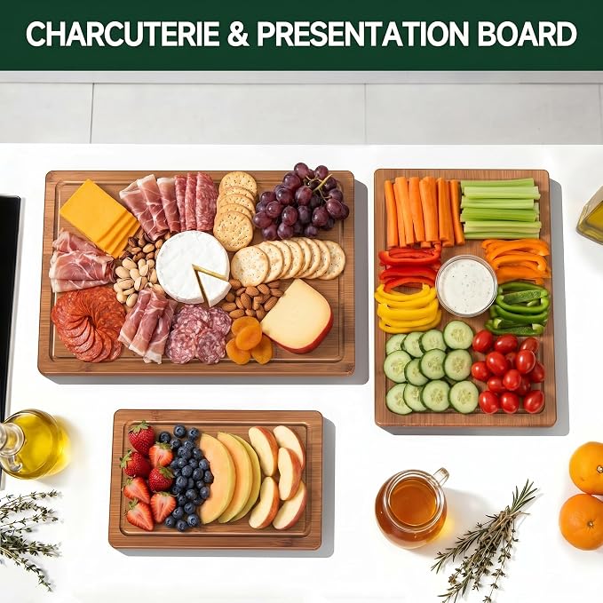 Bamboo Cutting Board Durable Wood Cutting Boards for Kitchen with Deep Juice Grooves Built-in Handles Ideal Charcuterie Chopping for Meat, Vegetables and Fruits Ideal Kitchen Gifts(M+L)