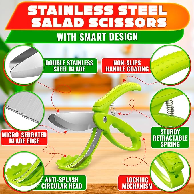 Salad Scissors for Chopped Salad, 8.9 In Stainless Steel | Double-Blade Lettuce Chopper Scissors; Chops Greens, Tomato & Herbs in Bowl, No Knife Needed; Anti-Splash Head; Safety Lock