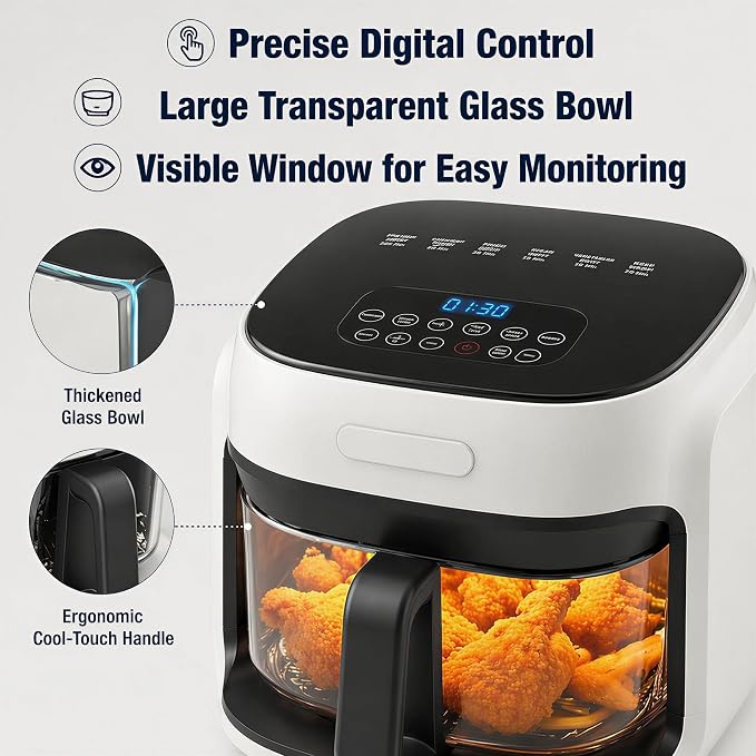 7.4QT Glass Air Fryer with Glass Basket, White | Visible Window Lid, Digital Control, 360° Air Circulation, Oil-Free Cooking & Baking, Nonstick, Dishwasher Safe Easy Clean