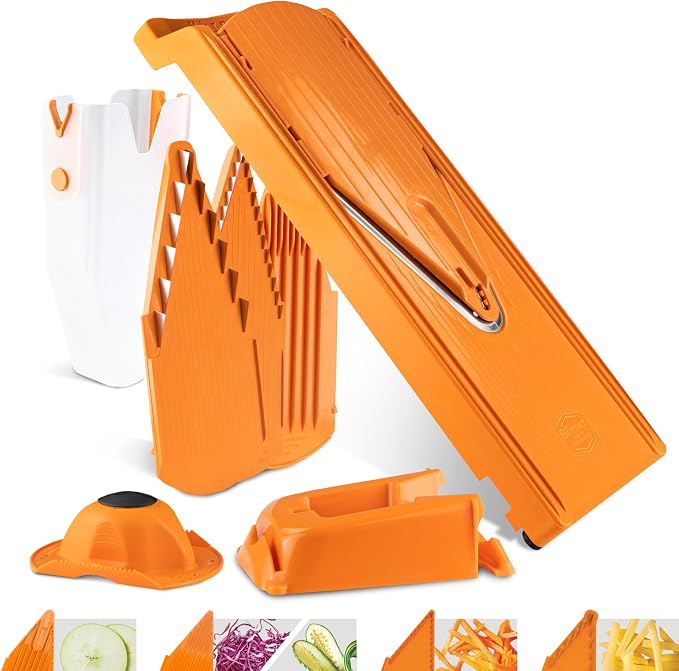 Mandoline Food Slicer Börner V3 (Profi Set) by Reston Lloyd • V-Slicer with 4 Inserts, Docking Station & Food Holder • Made in Germany • Fruit & Vegetable Chopper • Multiple Settings • Color: Orange