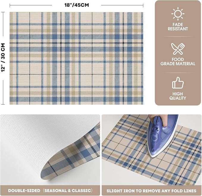 Artoid Mode Stripe Plaid Vinyl Placemats Set of 4, 12x18 Inch Washable Non-Slip Heat Resistant Plastic Place Mats for Party Dining Table, Brown/Blue