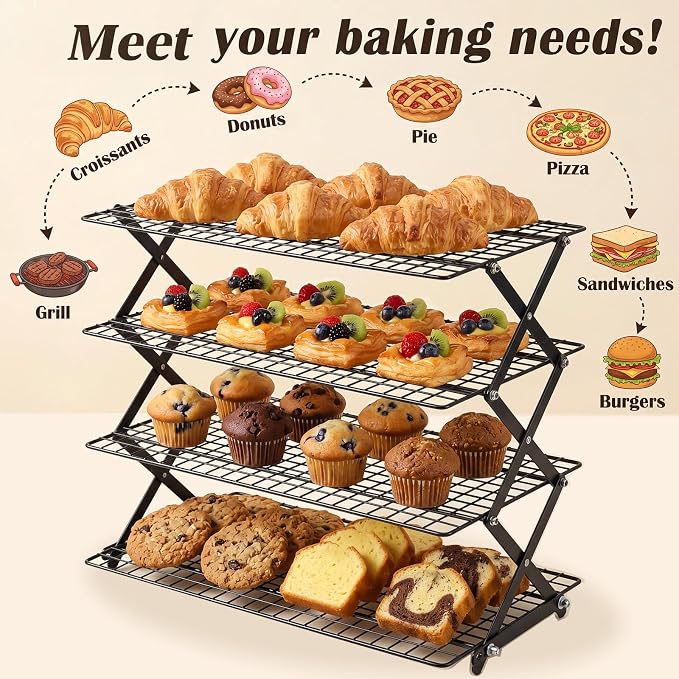 4-Tier Collapsible Cooling Rack for Baking, 3-Setting Adjustable Stackable Cookie Rack, Durable Nonstick Space-Saving Stand for Cooking, Roasting, Drying, Grilling, Cottage Bakery | Collapsible & Stackable