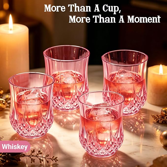 40 Pack 12 Oz Plastic Stemless Wine Glasses, Pink | Unbreakable, Reusable, Elegant Vintage Design, Fancy Cocktail Cups, Whiskey, Champagne, Wedding, Party, Bars, Holiday Events