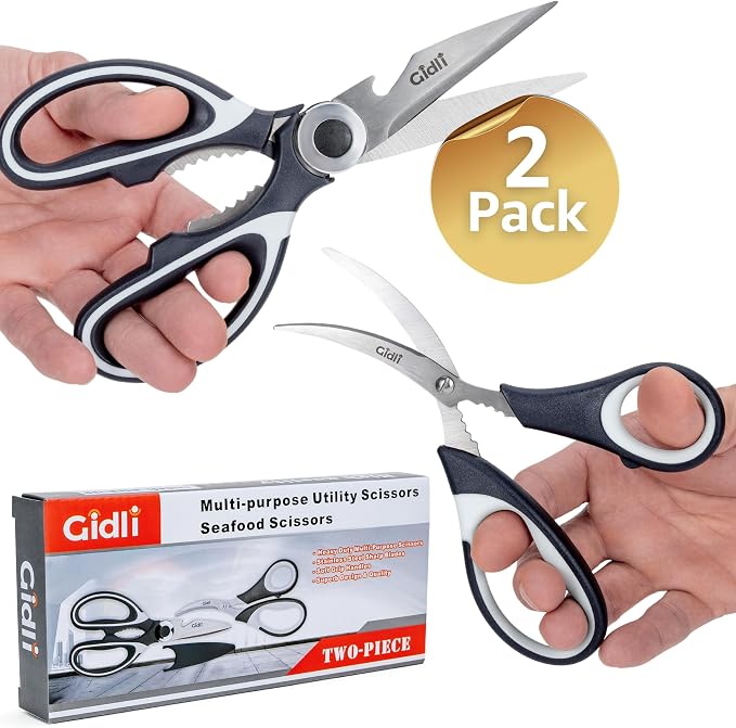 Kitchen Shears & Seafood Scissors Set - Lifetime Replace. Warranty* | Gidli Heavy Duty Utility Stainless Steel All Purpose Ultra Sharp Scissors for Meat, Poultry, Food & Cooking - Dishwasher Safe