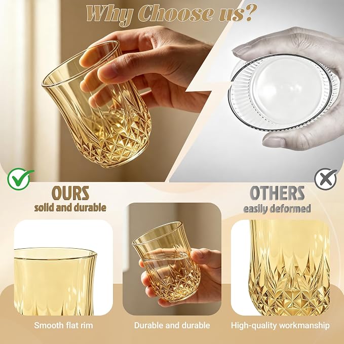 100 Pack Plastic Stemless Wine Glasses, 12oz Unbreakable Wine Cups | Reusable Fancy Vintage Drinking Glass Bulk for Cocktail, Whiskey, Juice, Elegant Decor for Wedding, Party & Holiday Events