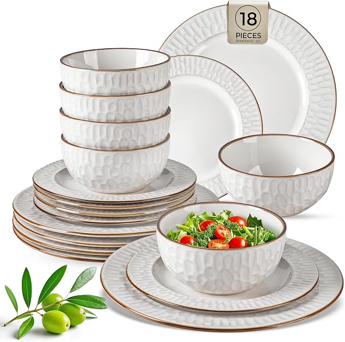 GBHOME Ceramic Dinnerware Sets of 6,18 pcs Plates and Bowls Sets Dishes | Embossed Elegant Stoneware Dishes Set | Dishwasher & Microwave Safe | Service for 4