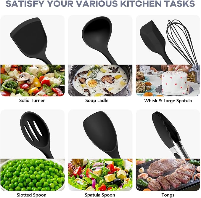 TeamFar Silicone Cooking Utensils, 10 pcs Kitchen Cooking Utensils Set | Heat Resistant Kitchen Gadgets Tools Set w/Spatula, Turners, Spoons, Soup Ladle, Pasta Server for Nonstick Cookware, Black