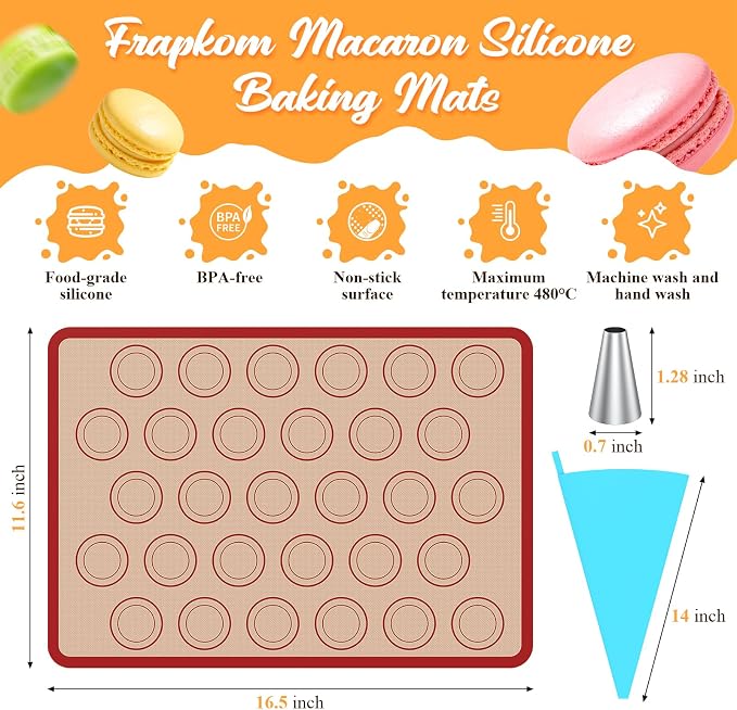 Macaron Silicone Baking Mats, 2 Nonstick Macaroon Mat Silicone, 7 Piping Tips, 2 Piping Bags, 2 Bag Ties, 2 Couplers, 1 Puff Tip, 1 Brushes, 17 Pcs Macaron Baking Kits for Macarons Cookies