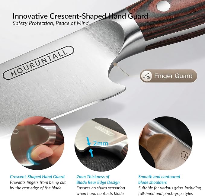 8 Inch stainless steel chef's knife with Innovative Safety Notch | Forged 5CR15MOV High Carbon Stainless Steel,Ultra Sharp Vegetable &Meat Cleaver with Ergonomic Wood Handle for Pro Chefs