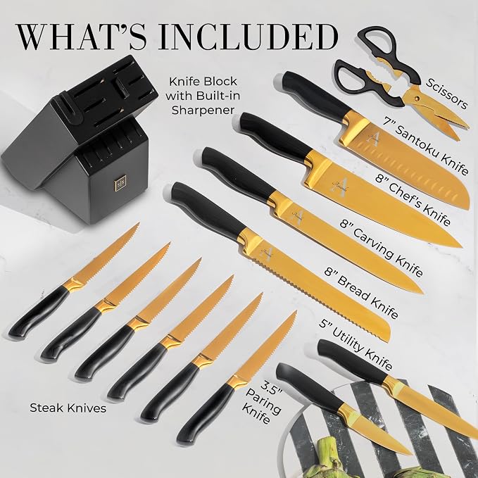 Personalized Black and Gold Knife Set with Block and Sharpener, 14-Piece | Custom Engraved Titanium-Coated Gold Knives - Full Tang, Stainless Steel, Ergonomic, Gift-Ready