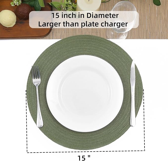 SHACOS Round Placemats Set of 4 Washable 15 inch Round Table Mats Cotton Polyester Woven Braided Place Mats for Dining Table Wedding Party Decor (Olive Green, 4)