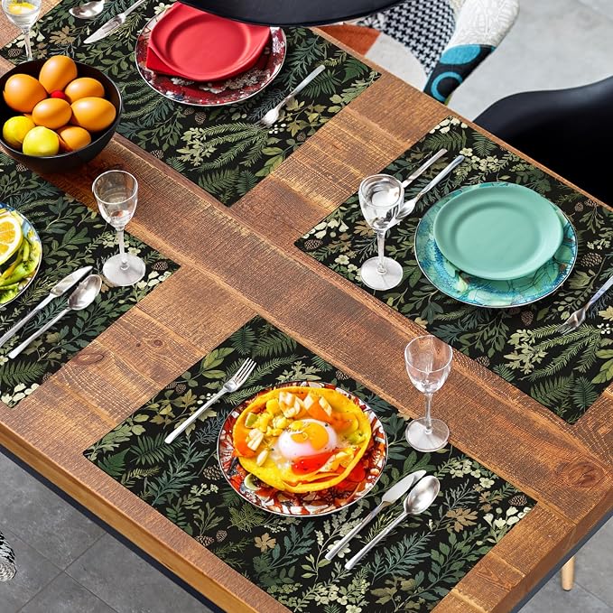 Black Sage Green Plant Placemats Set of 4 Vintage Botanic Fern Leaves Herb Floral Place Mats Rustic Farmhouse Linen Fabric Table Mats for Party Kitchen Dining Outdoor Indoor Decor