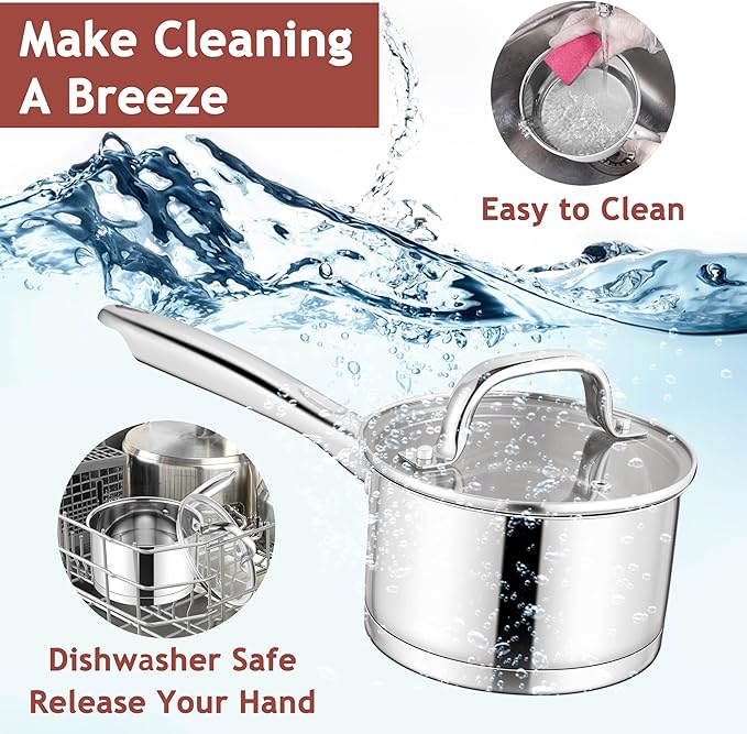 E-far Stainless Steel Saucepan with Lid, 2 Quart Sauce Pan Induction Pot for Cooking, Boiling, Compatible with All Stoves, Healthy & Non Toxic, Oven & Dishwasher Safe