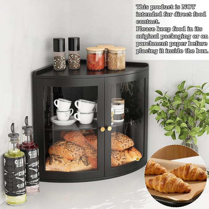 Trironsun Fan Shape Corner Bread Box for Kitchen Counter Double Layer Large Bread Storage Container with Acrylic Doors Farmhouse Wooden Bread Box Organizer for Homemade Bread (Black)