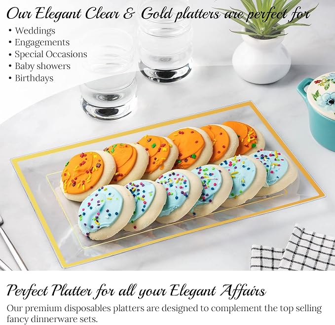 Mint Living-Elegant Plastic Serving Tray & Platter Set (3pk)-Clear & Gold Rim Disposable Serving Trays & Platters for Food - Weddings, Parties, Dessert Table, Cupcakes - 8x13 inches (Clear + Gold)