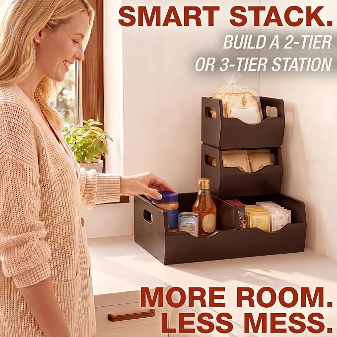 HOMESTEAD Stackable Solid Wood Storage Bins for Kitchen Pantry & Countertop, Ventilated Potato and Onion Basket Organizer with Handles, Wooden Produce Storage Containers, 3-Pack, Chestnut Finish