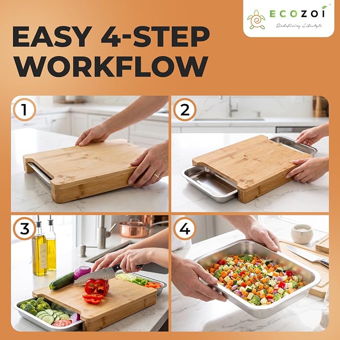 Bamboo Cutting Board by Ecozoi with 2 Slide Out Drawers. Keep Meal Prep Organized With Organic Bamboo Wooden Chopping Station. Non-Slip Butcher Block with Juice Groove for Easy Cleaning