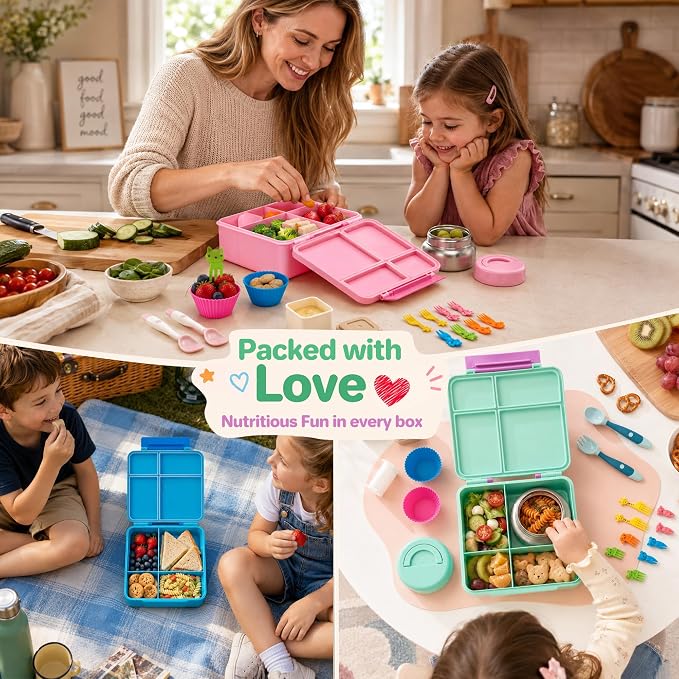JSLOVE Bento Lunch Box with Leak Proof Thermos Food Jar for Kids, Food Lunch Containers for Girls with 4 Compartments, BPA-Free with Utensils, Food Picks, Sauce Jar & Silicone Lunch Box Dividers