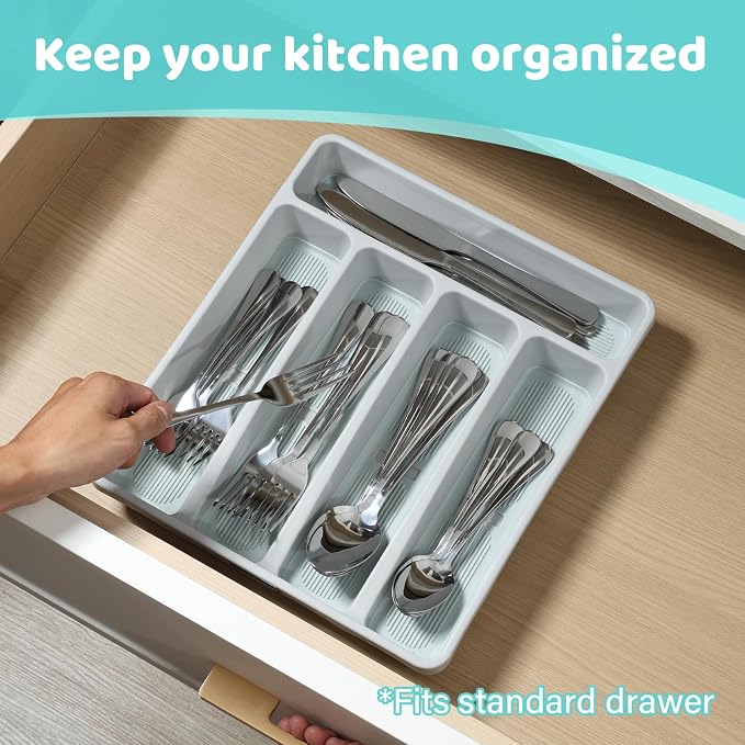 5-Compartment Silverware Organizer Tray with Icons for Kitchen Drawer | Non-slip TPR Linings，5-Compartment，High-quality Plastic，Fits Well In Standard Drawers，With Cutlery Icons