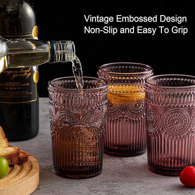 ZMOWIPDL Drinking Glasses Set of 6,13oz Flower Design Purple Glass Cups | Vintage Glassware,Textured Tumblers,Embossed Striped Drinkware for Water,Cocktails,Juice,Iced Coffee