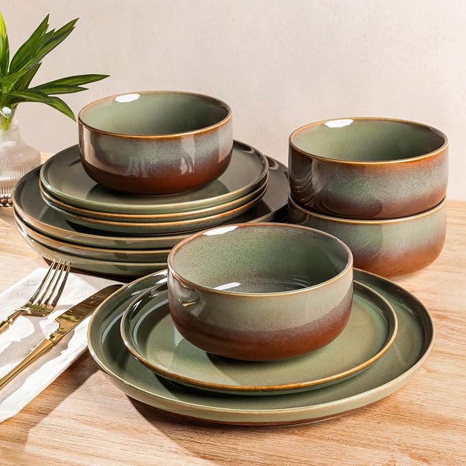 Ceramic Dinnerware Set for 4, 12-Piece Plates and Bowls Set | Handmade Reactive Glaze Dish Set, Scratch Resistant, Oven & Microwave & Dishwasher Safe, Sage Umber