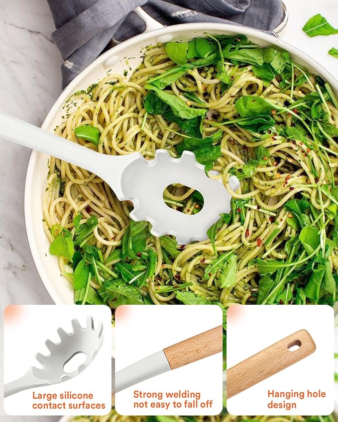 13PCS Silicone Kitchen Utensils Set for Nonstick Cookware, White | Food Grade, Heat Resistant Kitchen Utensil Spatula Set, Wooden Handles Kitchen Gadgets Tools Set