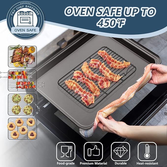 P&P CHEF 9.7" x 7.3" Cooling Baking Wire Racks Pack of 2, Black | Stainless Steel Cooling Racks for Cooking Baking Roasting Grilling Drying, Dense Wires & Smooth Edge, Easy Clean & Rust Proof