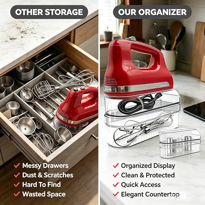 Clear Hand Mixer Storage Case - 2-Layer Acrylic Kitchen Organizer and Countertop Holder for Kitchen Aid & Other Hand Mixers, Utensils, Whisks, and Mixing Accessories - Dustproof, Space Saving