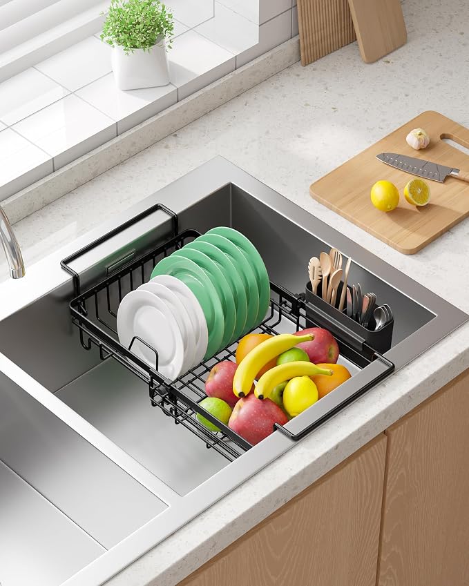 Kitsure Expandable in-Sink or Over-Sink Dish Drying Rack, Large, Black | Rust-Resistant Dish Rack for Kitchen Counter, Dish Drainer with Cutlery Holder, 10.82"-17.12" L x 11.02" W x 3.93" H