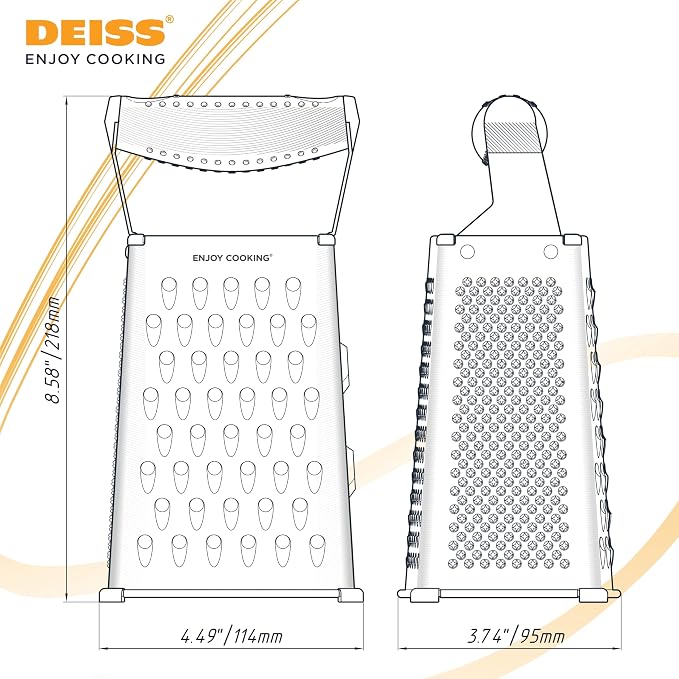 Deiss PRO Box Grater & Cheese Graters for Kitchen - Stainless Steel Cheese Grater and Food Shredder, 4 Sided Hand Grater for Block Cheese, Vegetables Non-Slip Base, Dishwasher Safe