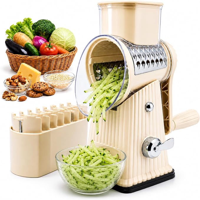 JA&MIU Rotary Cheese Grater with Handle, 5 Well-designed Blades | Strong Suction Base, Round Mandoline Slicer with Blade Storage Box & Kitchen Mandoline Vegetable Slicer (Off-white)