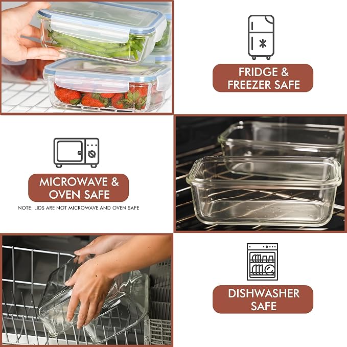 Razab 16 Pc (Set of 8) 30 Oz Glass Meal Prep Containers with Lids, Airtight Large Glass Food Storage Containers, Reusable Leak Proof BPA Free, Freezer to Oven and Dishwasher Safe