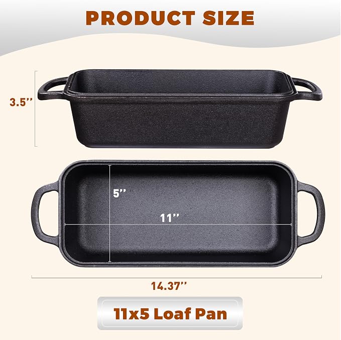 Cast Iron Loaf Pan with Lid, 11x5 Inch 5.8 Qt Pre-Seasoned Pan | Large Heavy-Duty Cast Iron Loaf Pan with Lid for Sourdough Bread, 11x5 Inch 5.8 Qt, 2-In-1 Design, Even Heat Distribution