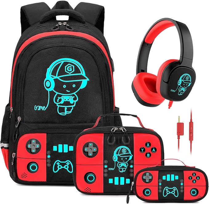 Backpack for School Boys, Cool Luminous Gamer Boys Schoolbag | with Lunch Box & Pencil Case Set for Kids Teens Elementary Middle School, Bookbag Glow In The Dark