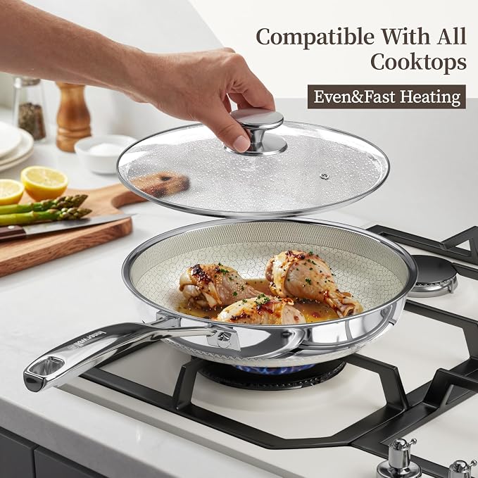 Innerwell 10 Inch Non Stick Frying Pan with Lid, Ceramic Nonstick Skillet | Ceramic Hybrid Tri-Ply Stainless Steel Non Stick Skillet Pan, Metal Utensil Safe, Induction&Oven Safe, PFAS/PFOA/PTFE Free