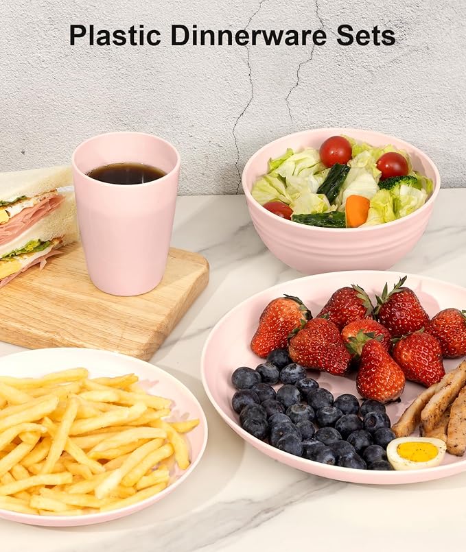 Quatish 32 Piece Plates and Bowls Sets for 8, Unbreakable Dinnerware Sets, Plastic Dish Set for Camping, Dishwasher Microwave Safe, Outdoor Kitchen and Apartment Dorm Dinning RV Essentials, Pink