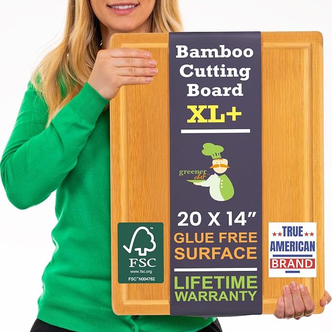 20 Inch Bamboo Wood Cutting Board Featuring Super-Sized Glue-Free Surface™ – Heavy Duty Butcher Block for Safe Meal Prep, Chopping & Carving with Lifetime Replacements - Rectangle