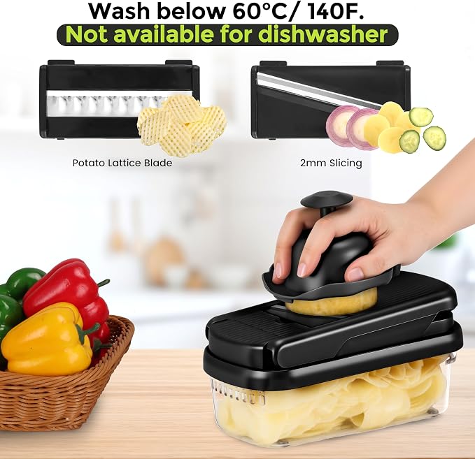 Yusshn Vegetable Chopper, 12-in-1 Food Veggie Chopper Cutter with Container | 7 Sharp Blades Dice, Slice, Shred and Grate for Salads, Onions and Meal Prep, with a Non-Slip Base and Drain Basket
