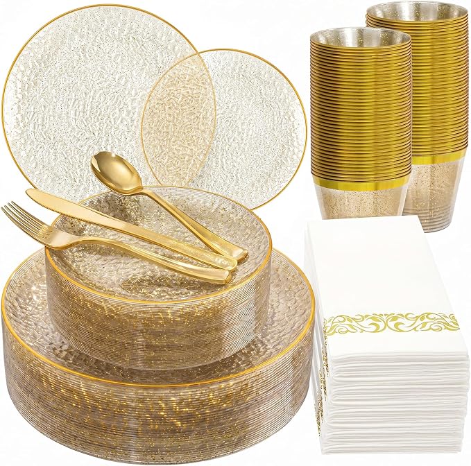 DaYammi 175PCS Clear Gold Glitter Plastic Dinnerware Set, Plastic Plates Disposable Hammered Plates for Party, Include: 25 Dinner Plates 25 Dessert Plates 75 Gold Silverware 25 Napkins 25 Cups