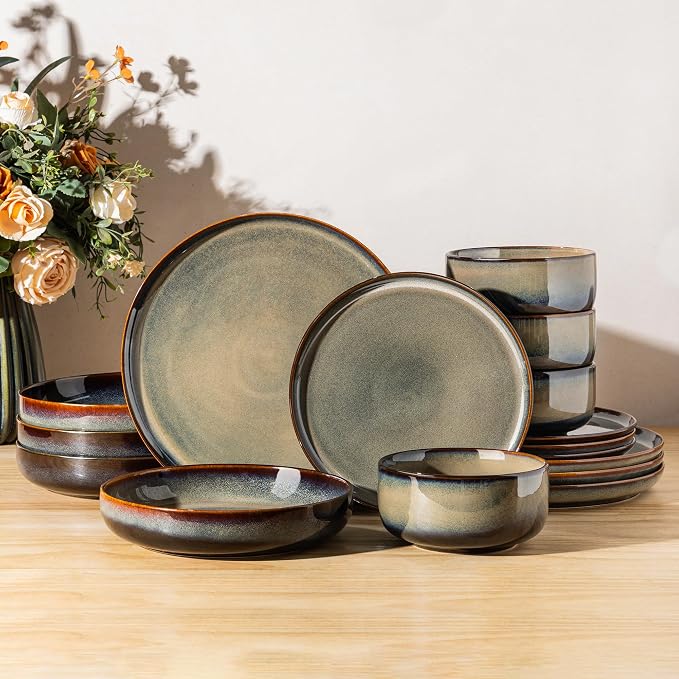 Ceramic Dinnerware Set for 4, 16-Piece Plates and Bowls Set | Handmade Reactive Glaze Dish Set, Scratch Resistant, Oven & Microwave & Dishwasher Safe, Mocha Brown