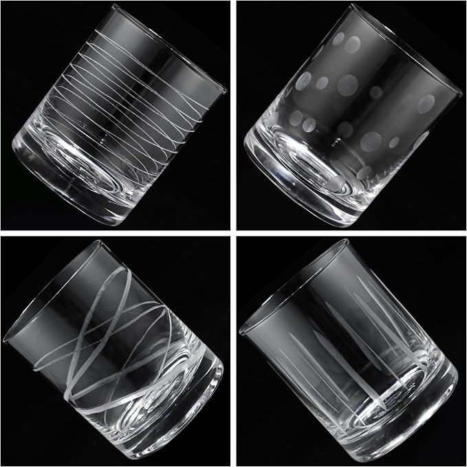 Joeyan Hand Blown Etched Whiskey Glasses,Old Fashioned Tumblers with Stripes Dots Pattern,Clear Carved Rocks Glasses,Scotch Bourbon Glassware for Party Anniversary,13.5 oz,Set of 4,Dishwasher Safe