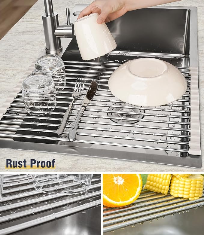 Tomorotec Roll Up Dish Drying Rack Over Sink, 304 Steel, 17.7x12.5, White | Anti-Slip Silicone Rims For Grip, Heat-Resistant Trivet Mat Holding Heavy Cookware, Rustproof Kitchen Counter Space Saver