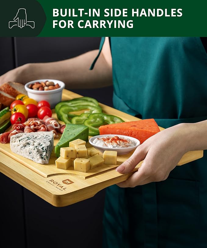 ROYAL CRAFT WOOD Bamboo Cutting Board | with Juice Groove - Kitchen Chopping Board for Meat Cheese and Vegetables, Heavy Duty Serving Tray