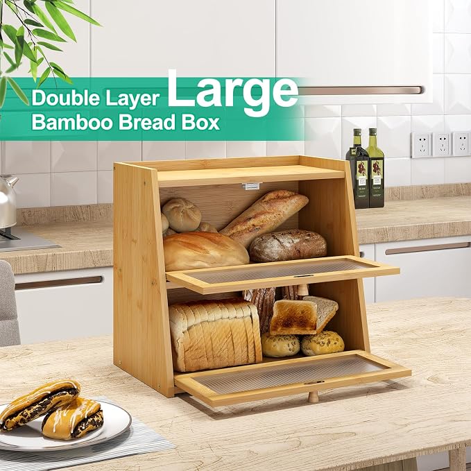 kiplant 2-Tier Bamboo Bread Box, Double Layer Bread Box for Kitchen Counter, Large Bamboo Bread Storage Container with Wavy Acrylic Transparent Door