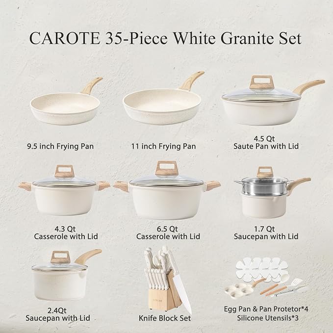 CAROTE 35pcs Pots and Pans Set, Nonstick Cookware Sets with Knife Block Set | Induction Cooking Set, Easy Clean, Fit All Stovetops, Ultra Durable, Even Heating, with Egg Pan & Kitchen Knives