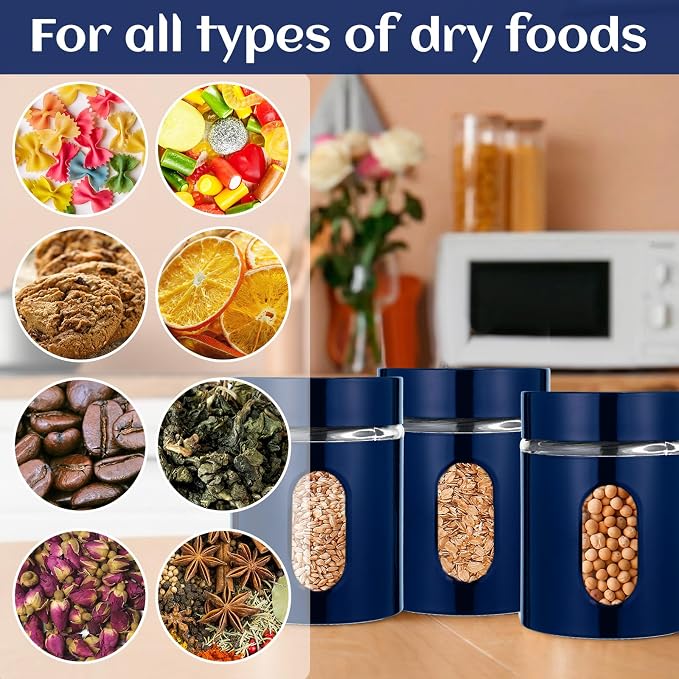 6 Pack Kitchen Canisters Set Airtight Coffee Sugar Tea Storage Jars with Window Glass Stainless Steel Containers with Lids for Flour Cookies Spices Grains Kitchen Decorations(Navy Blue,20 oz)