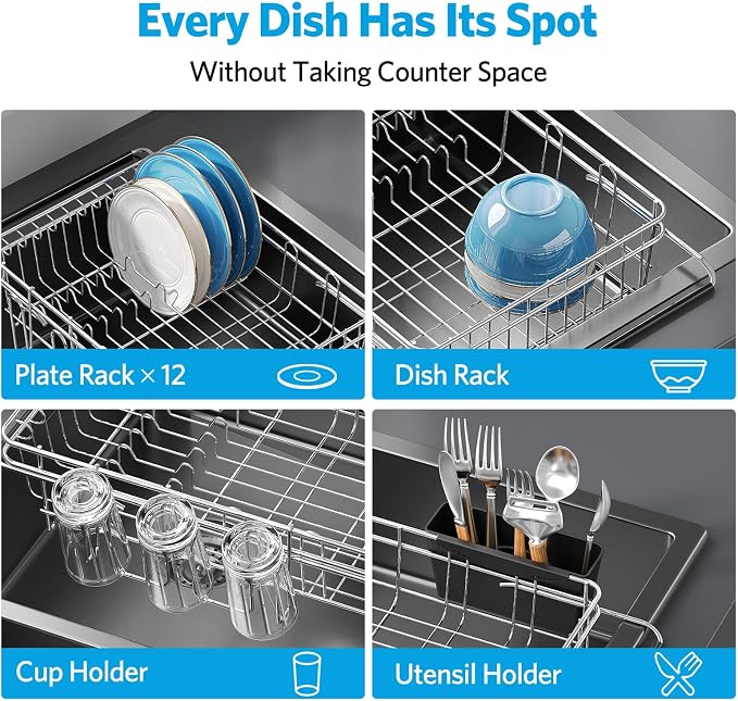 Delamu Over The Sink Dish Drying Rack for Small Kitchen | Expandable Stainless Steel in Sink Dish Drainer, Dish Rack for Kitchen Inside Sink with Utensil Holder, Rustproof, Large