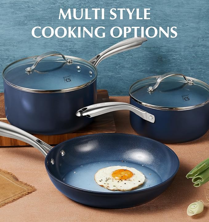 KOCH SYSTEME CS Nonstick Sauce Pan with Lid 1QT & 2QT & 3QT, 6pcs Nonstick Saucepan Set with Cool-Touch Handles, Pot Set with Ceramic Coating, Induction Compatible Sauce Pan, Oven Safe, Gradient Blue